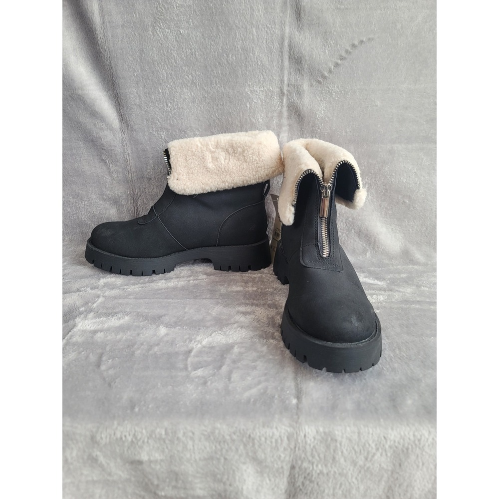 Rustic Cabin Cozy Zip Boot Black Faux Fur Memory Foam Size 8 Apres Ski Chunky